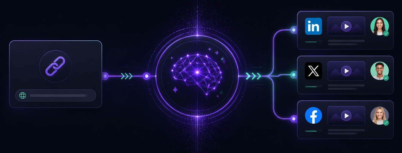 EchoScale AI workflow: paste a URL, AI repurposes the content, then publish to LinkedIn, X, Facebook, and AI avatar video